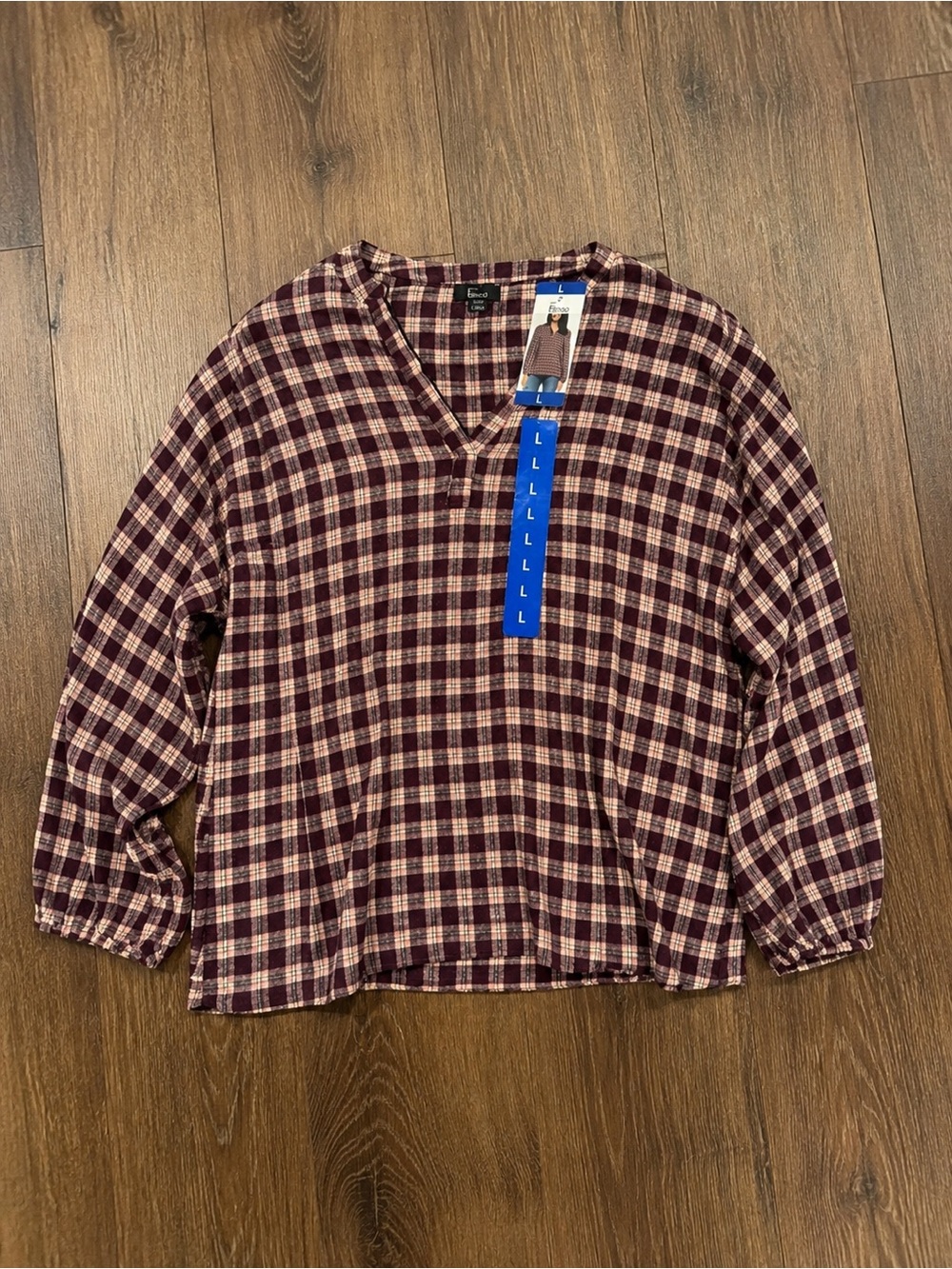 Plaid V-Neck Top in Burgundy and Pink Sz L NWT